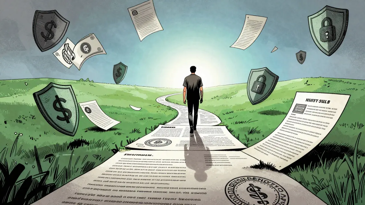 Traveler navigating a complex path holding keys and digital assets safely.