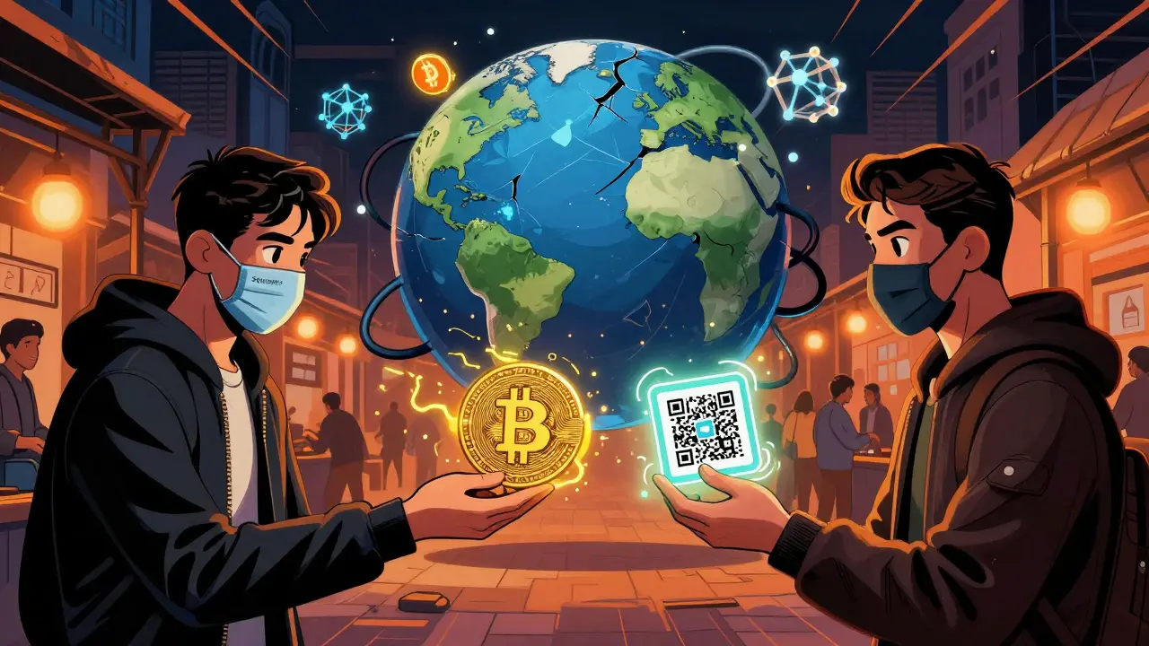 Two people secretly trade Bitcoin for Turkish Lira using encrypted mobile apps in a bustling Tehran market.