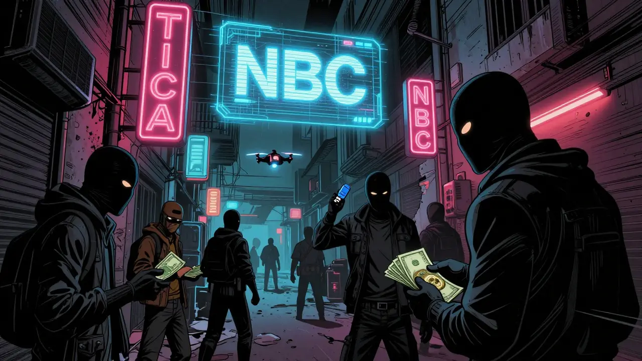 Underground crypto traders in a Phnom Penh alley exchanging cash and USB drives under surveillance drones and a looming NBC hologram.