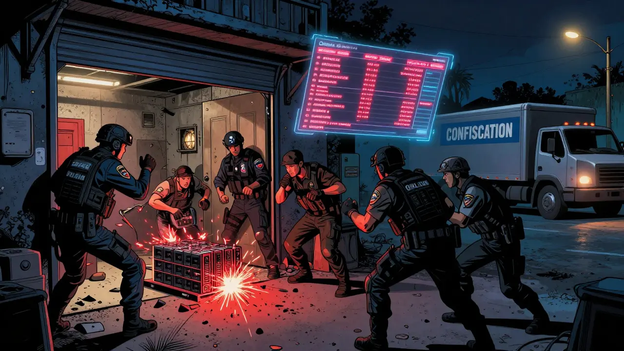 Venezuelan police raid a hidden mining garage at night, smashing ASICs while digital transactions freeze above them.