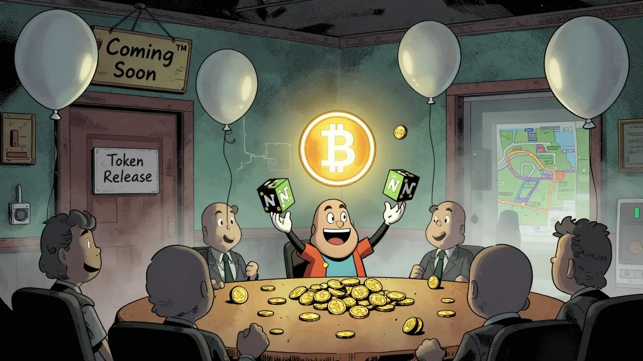 WillyBumBum juggling empty NFT balloons at a party with a 'Coming Soon™' sign above a fading roadmap.