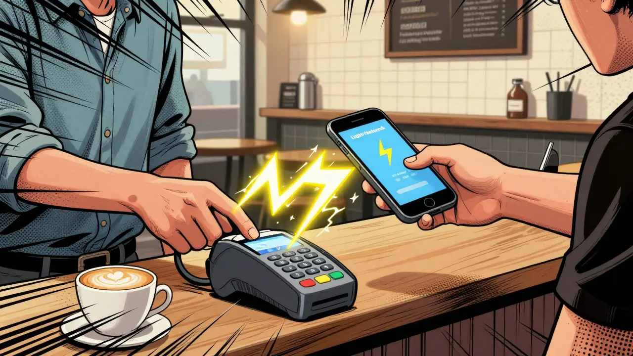 A customer paying for coffee with a smartphone via the Lightning Network.
