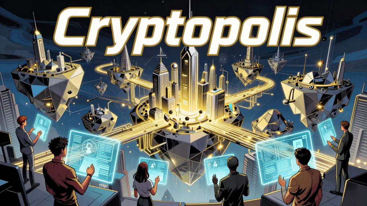 A futuristic digital city called Cryptopolis with floating islands and neon architecture.