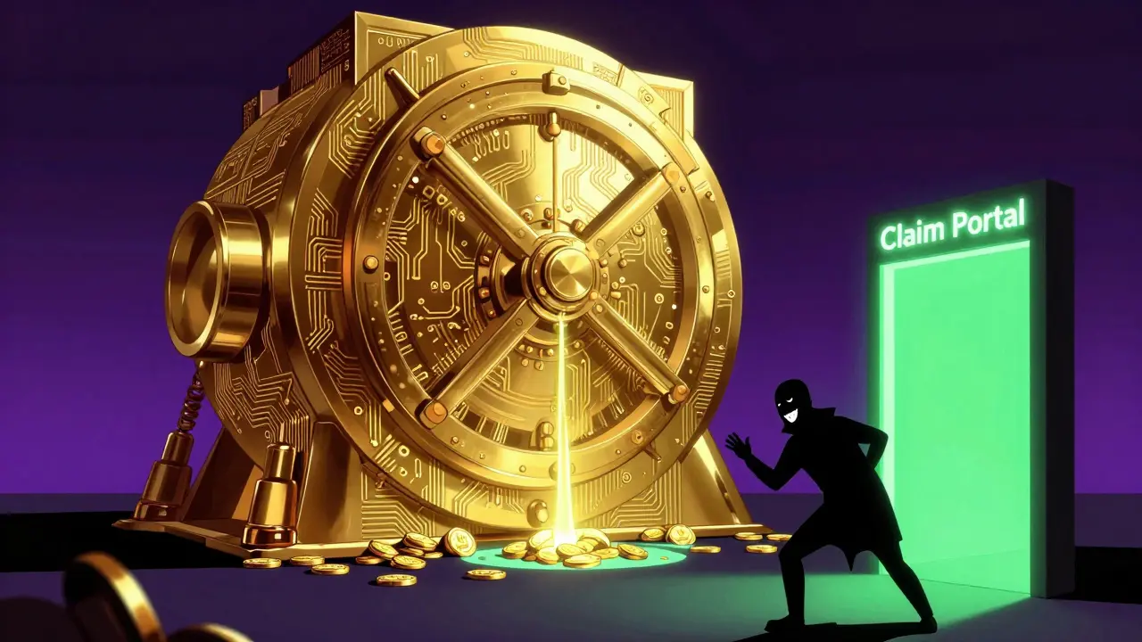 A giant digital vault of tokens with a scammer lurking near a fake claim portal in graphic novel style.