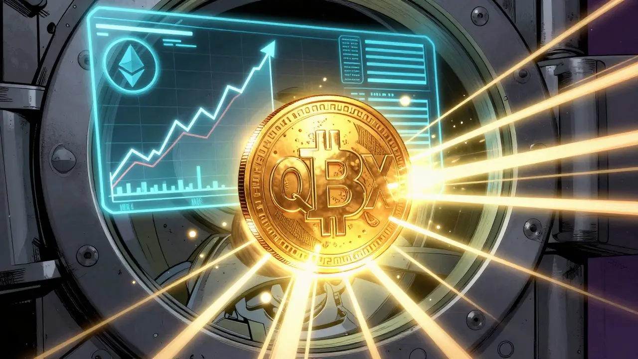 A glowing golden QDX token inside a high-tech digital vault.