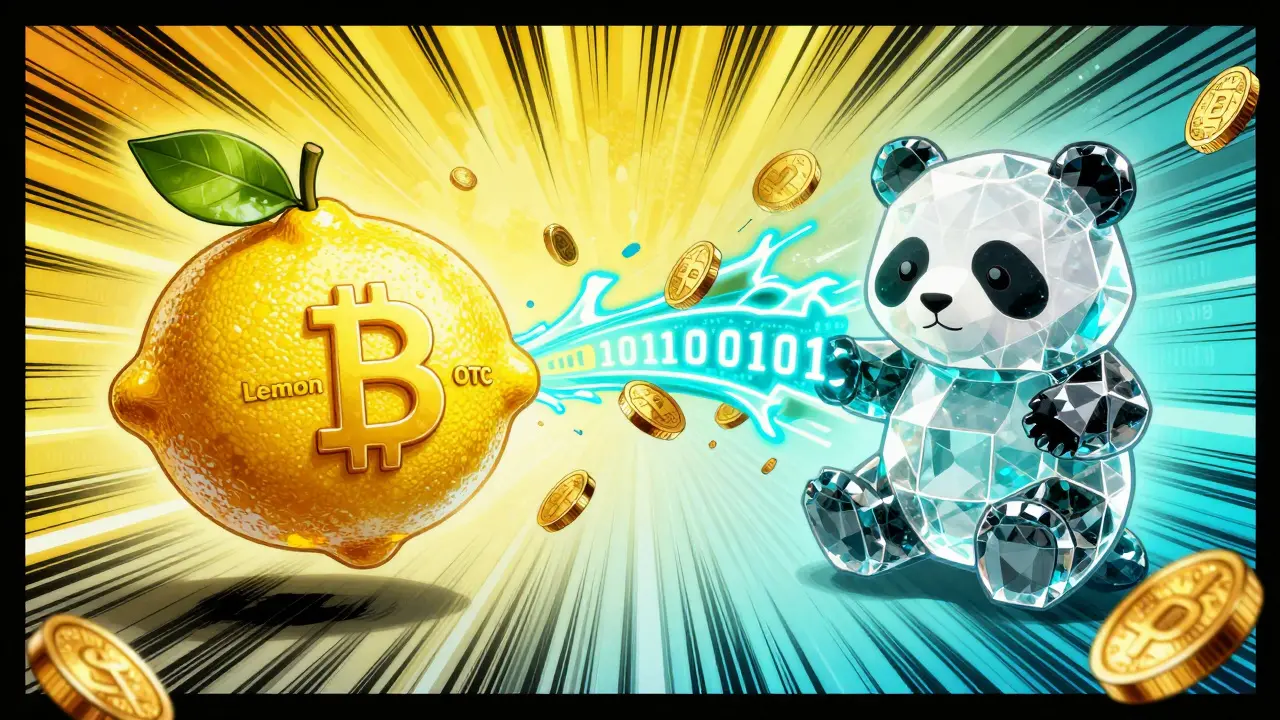 A glowing stream of coins and data connecting a golden lemon to a digital panda.