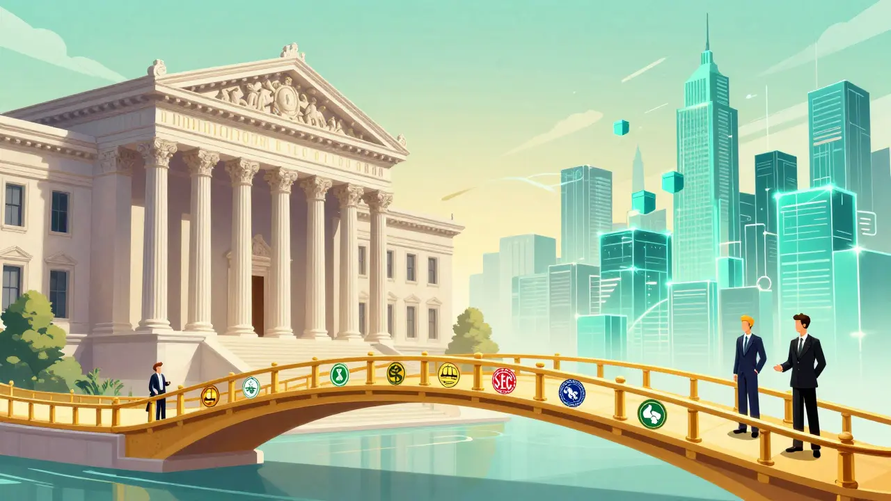 A golden bridge connecting a traditional bank to a futuristic blockchain city.