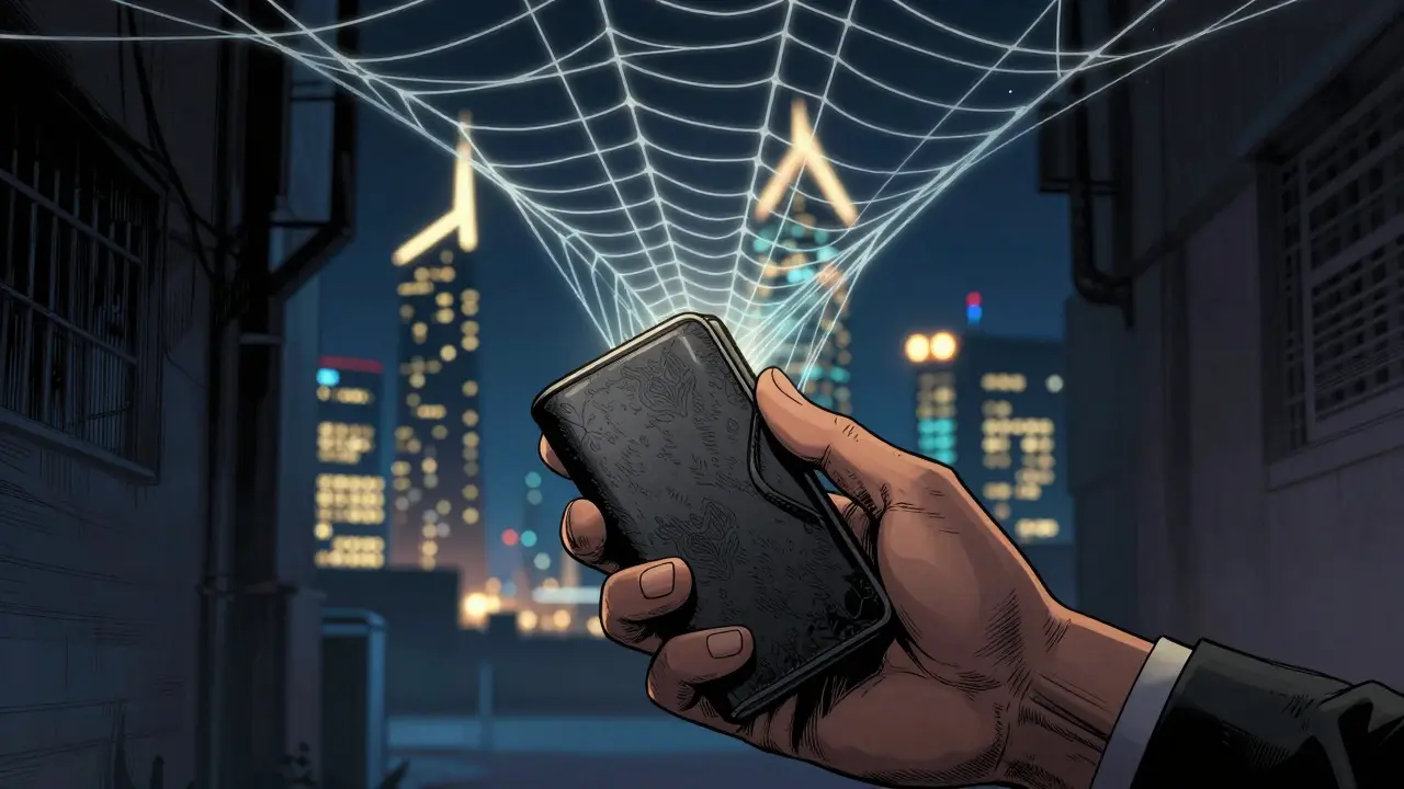 A hand holding a crypto hardware wallet under a symbolic legal net in a city setting.