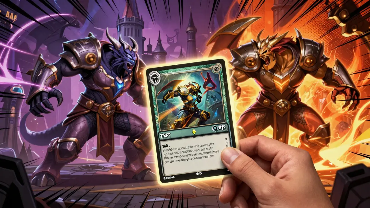 A hand holding a glowing TCG card during a fantastical battle in a graphic novel style.