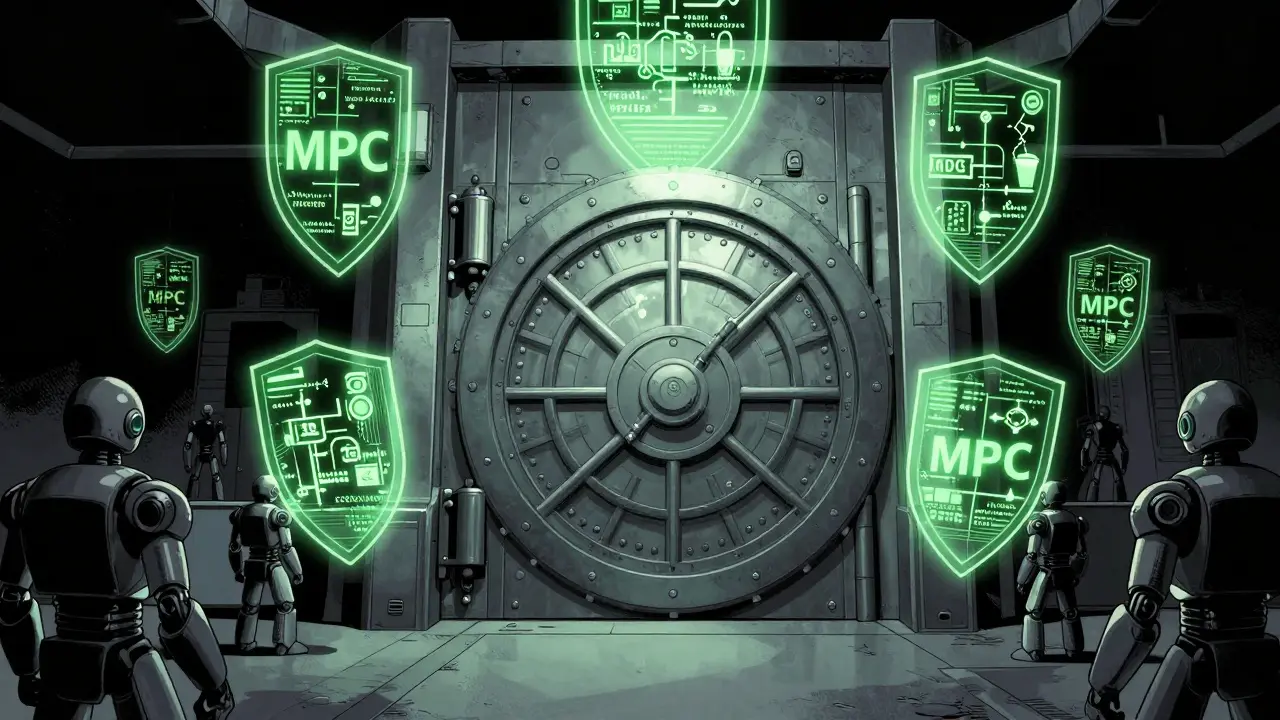 A high-tech digital vault with holographic shields representing institutional crypto security.