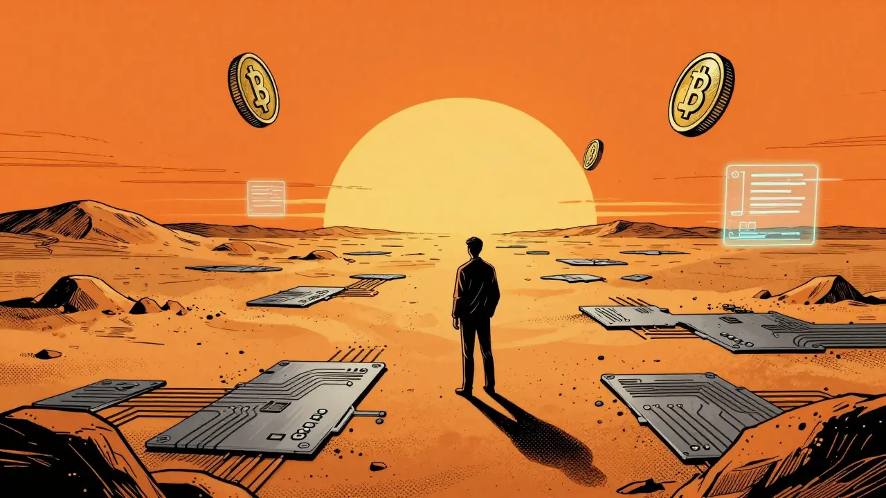 A lone trader in a digital desert symbolizing low liquidity and a ghost town exchange.