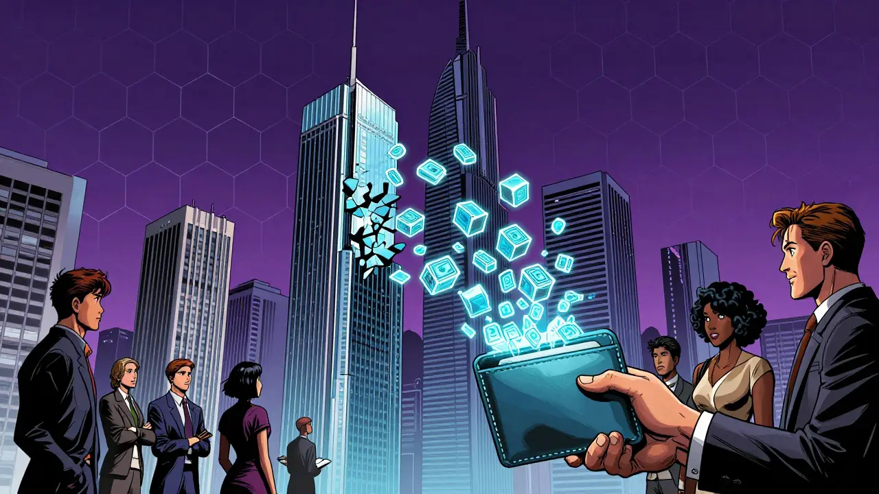 A luxury building being converted into digital tokens on a futuristic city grid in graphic novel style.