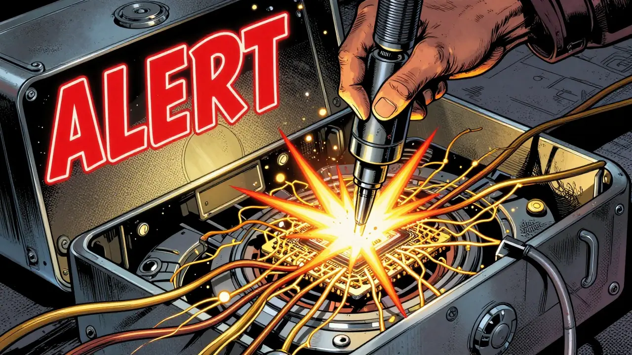 A mechanical probe triggering a red alert and key erasure in a secure hardware module.