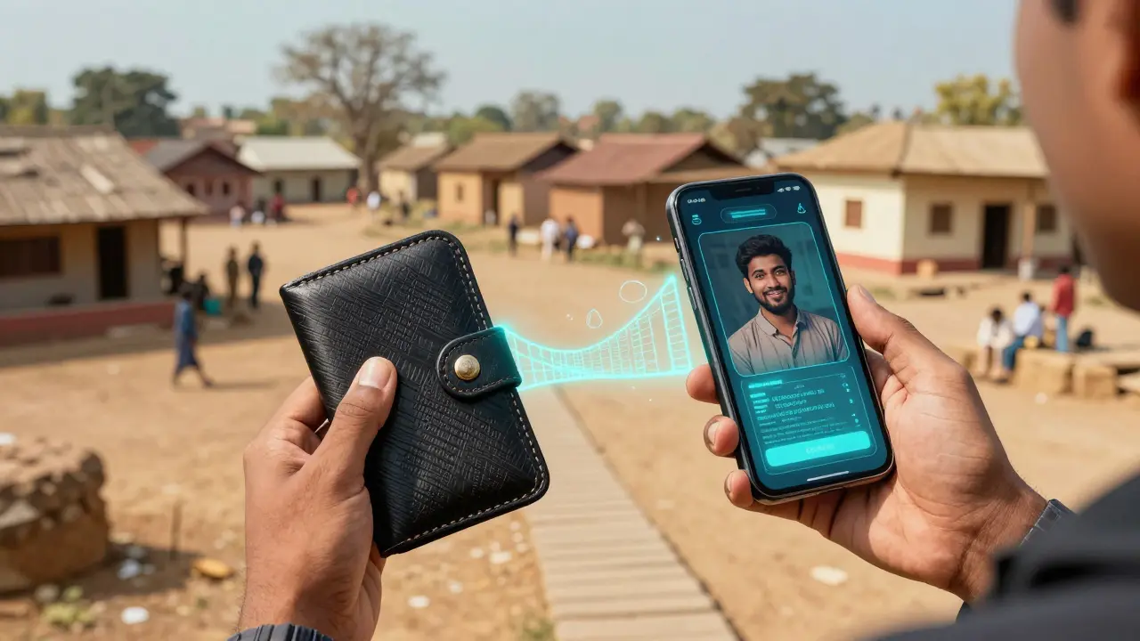 A person in a rural village using a hardware wallet to send money home.