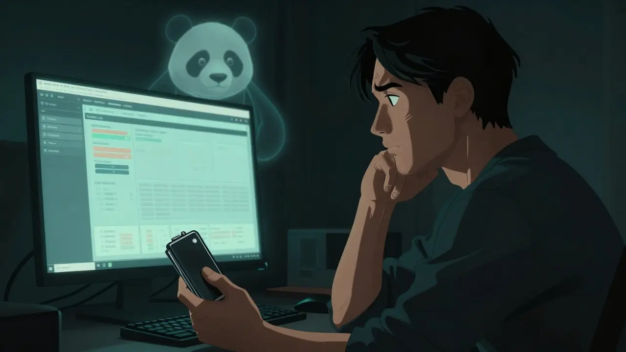 A skeptical trader holding a cold wallet in a dark room, comic book style.