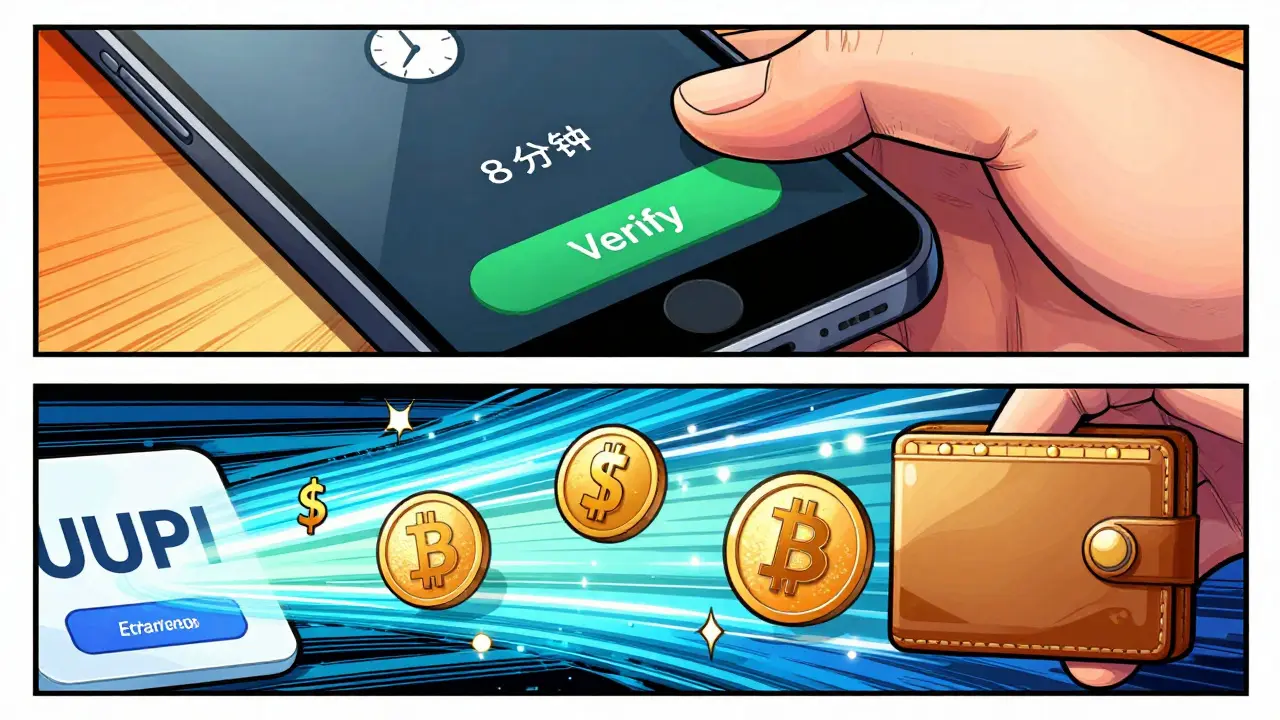 A split panel showing fast KYC verification and rapid UPI crypto deposits in comic style.