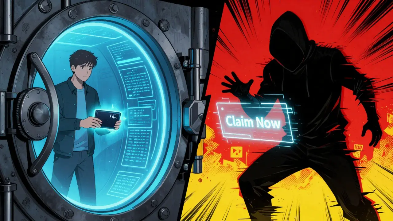 A split scene contrasting a secure wallet connection with a glitchy scammer's trap.