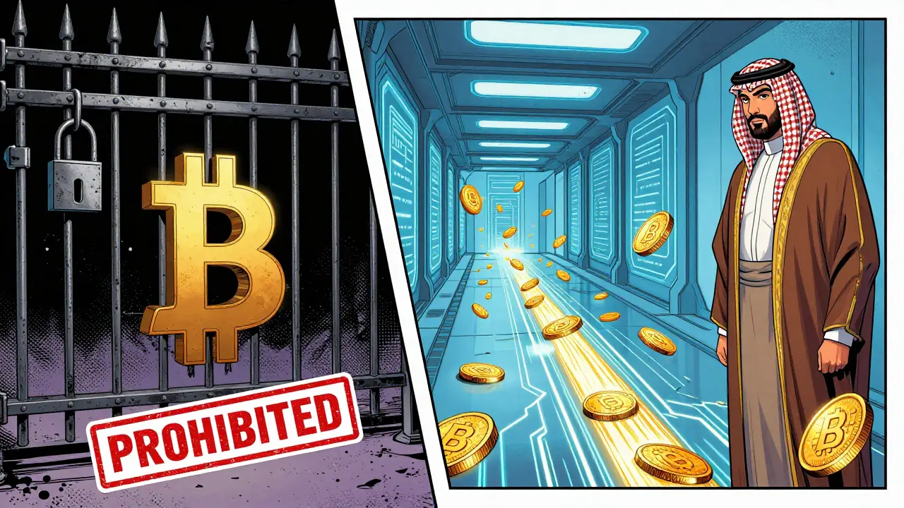 A split screen showing a locked Bitcoin symbol and a futuristic digital currency system.