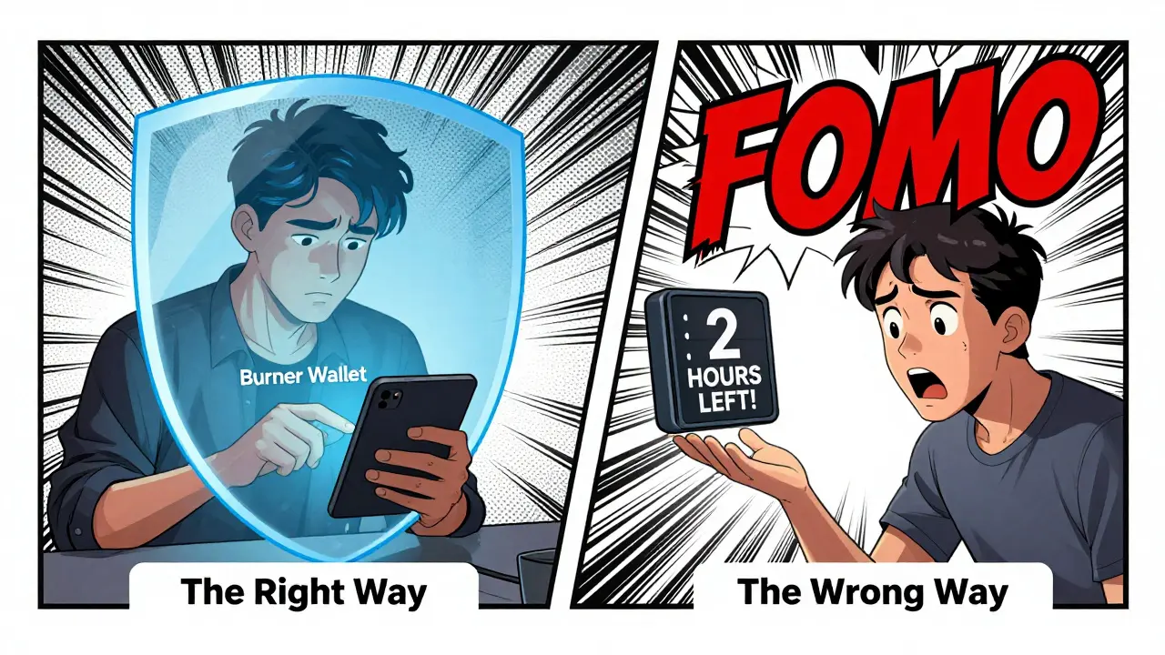 A split screen showing a secure burner wallet versus a panicked user facing a fake timer in comic style.