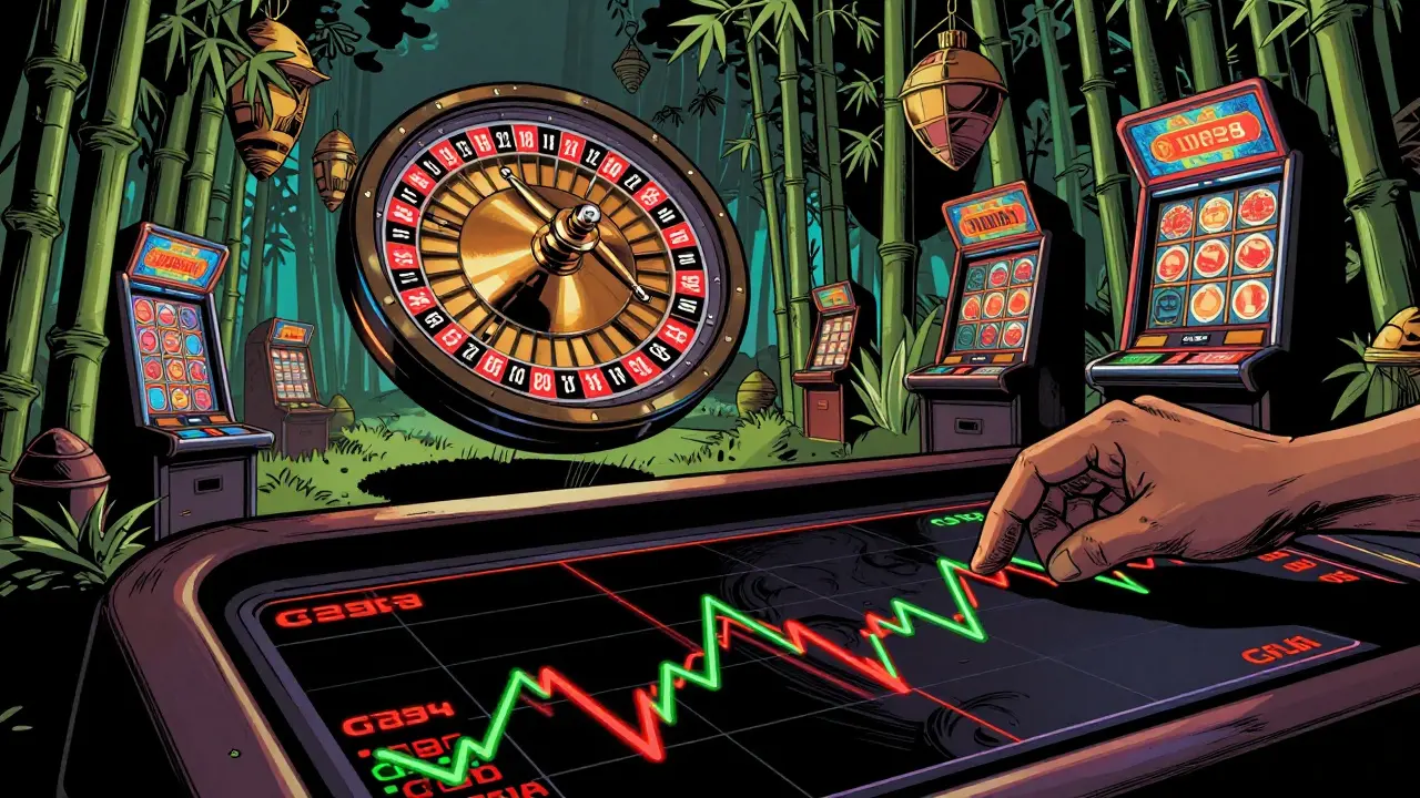 A surreal digital casino set in a bamboo forest with a volatile market chart in the foreground.