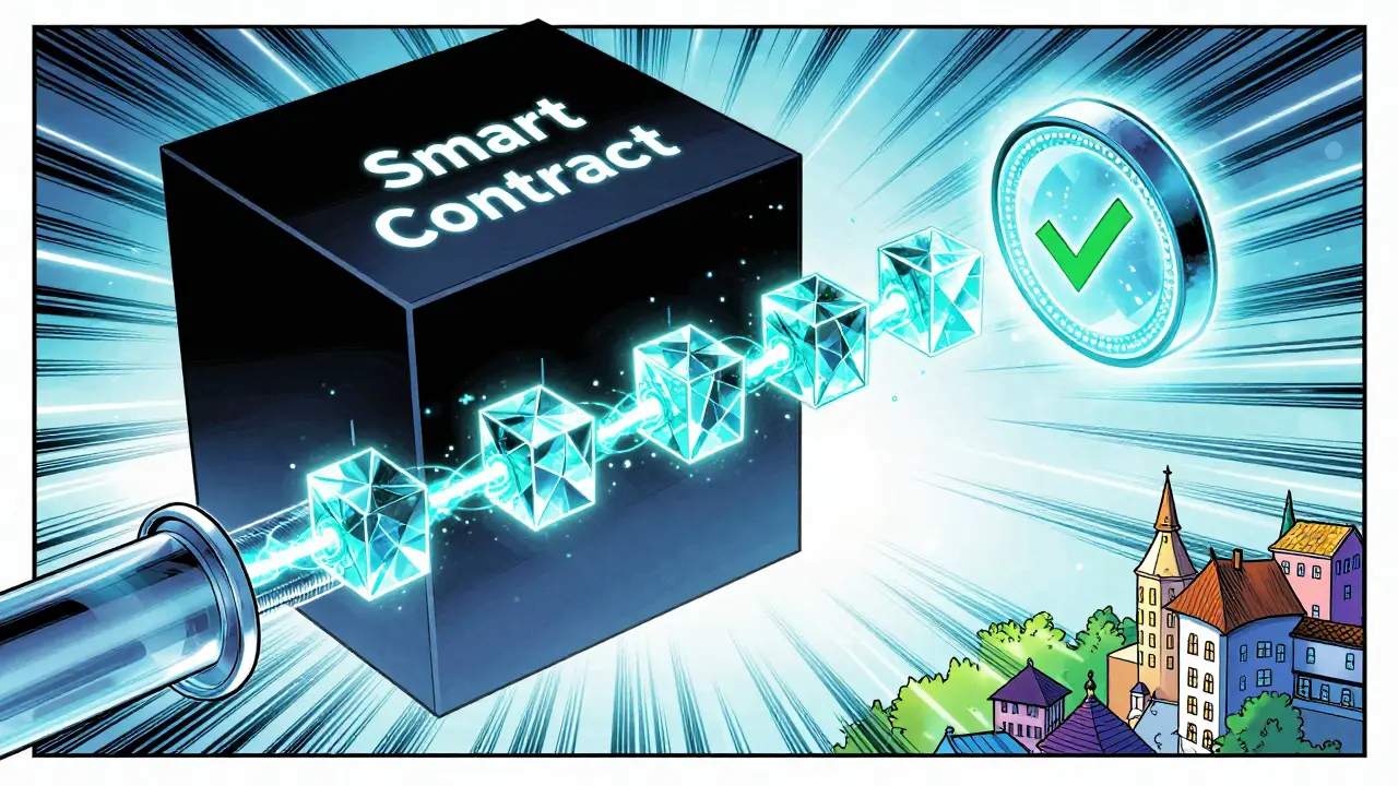 A transparent digital pipeline with glowing blockchain blocks and a holographic smart contract.