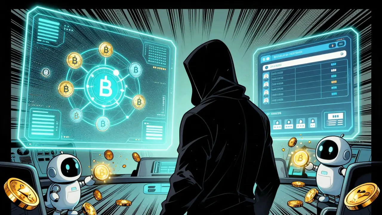 An anonymous figure managing a memecoin portfolio with AI robots distributing rewards.