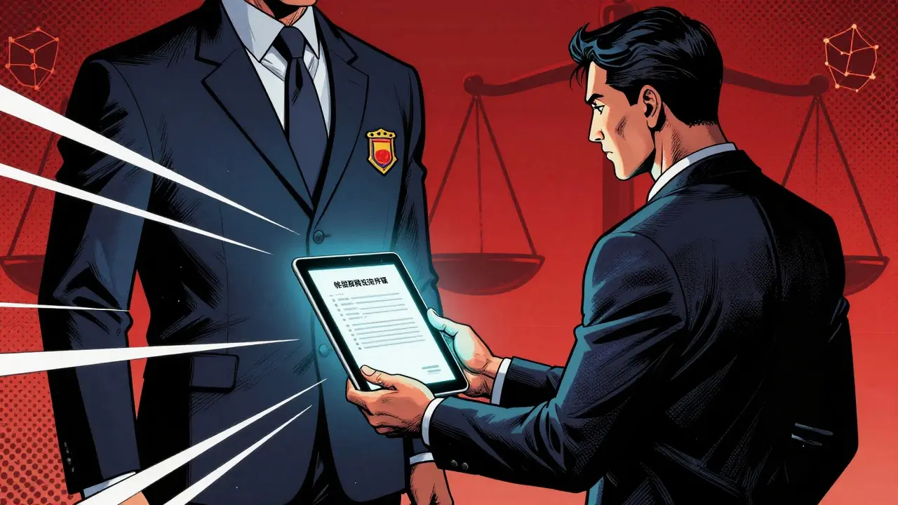 Business owner accepting digital license badge from regulator under bright spotlight.