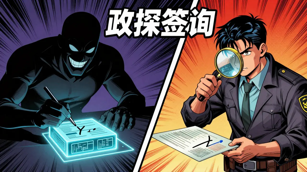 Comic style image of a malicious user double-signing blocks and a digital detective discovering it.
