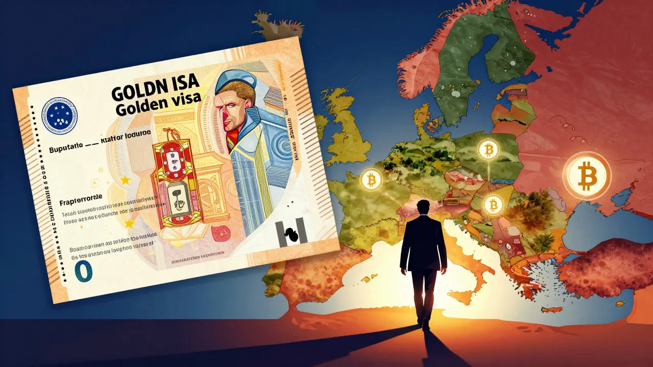 Conceptual graphic novel art of a Golden Visa and Bitcoin linking to European residency.