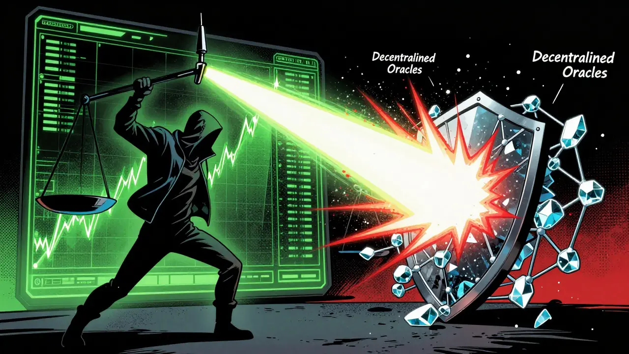 Digital hacker using a flash loan to manipulate a price scale while a shield of oracles protects it