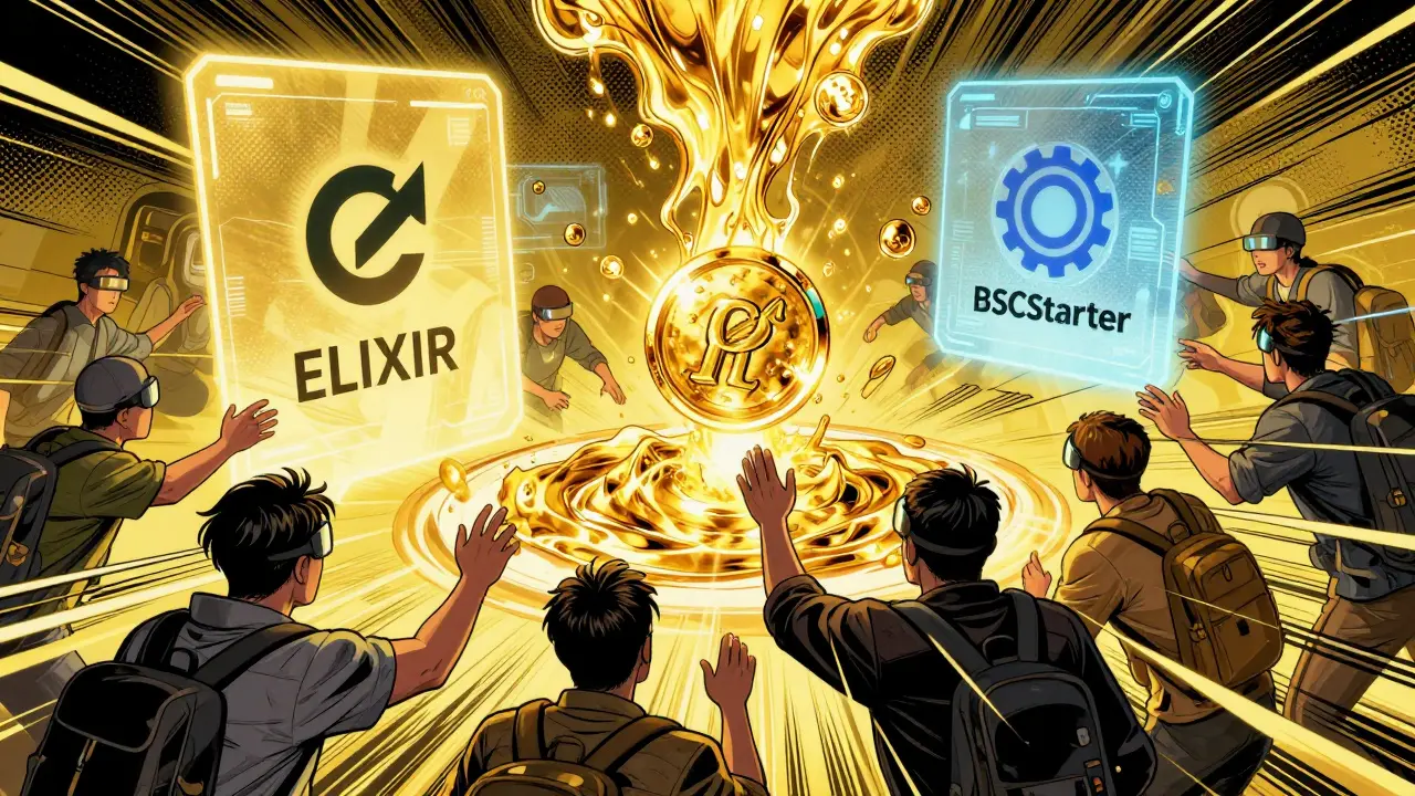 Digital hunters collecting golden ELIXIR tokens through holographic portals in a comic book style.