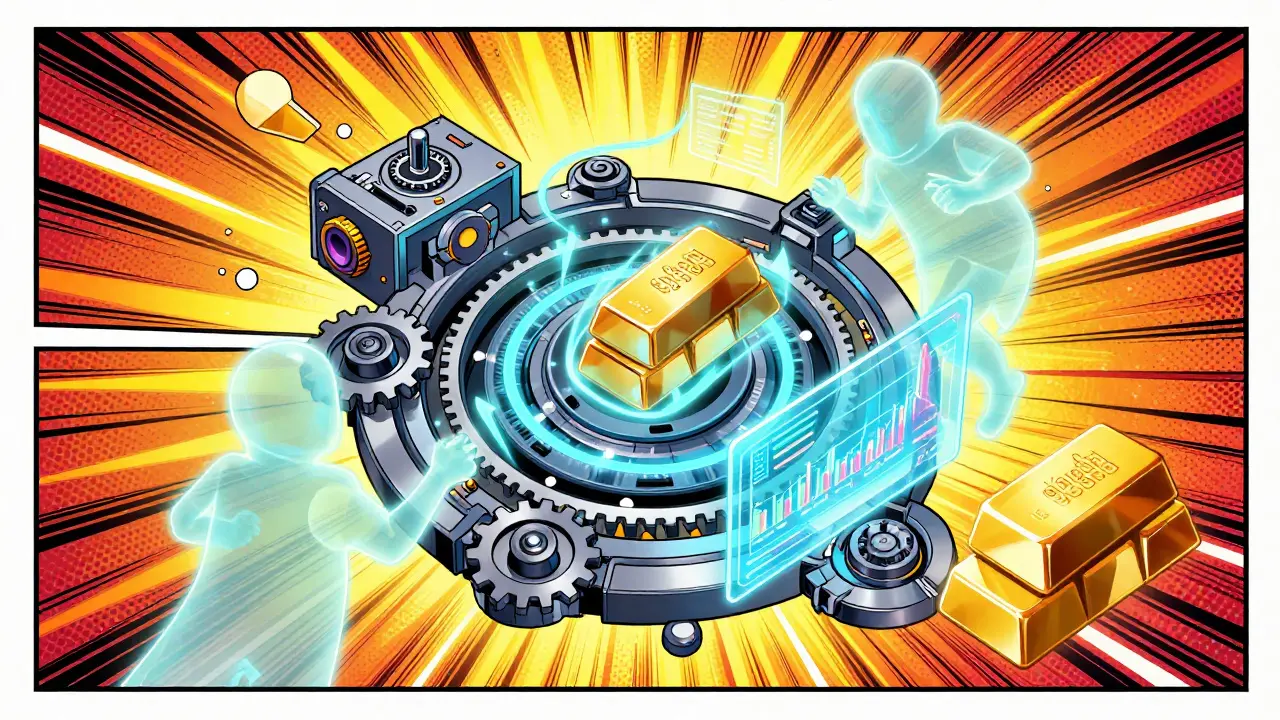 Futuristic machine creating synthetic financial assets in a colorful comic book style.