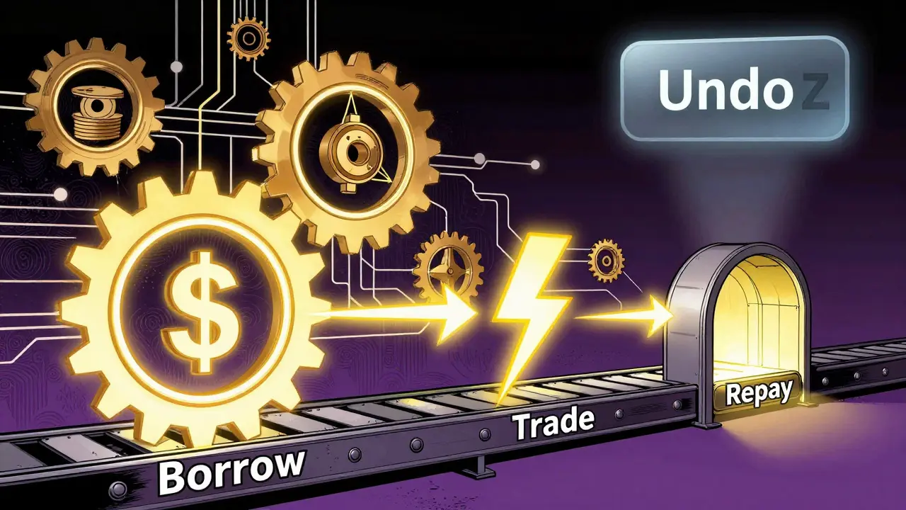 Graphic novel depiction of a digital machine illustrating the flash loan borrow-trade-repay cycle