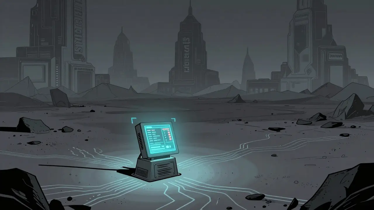 Lonely holographic terminal in a grey digital wasteland with giant monoliths