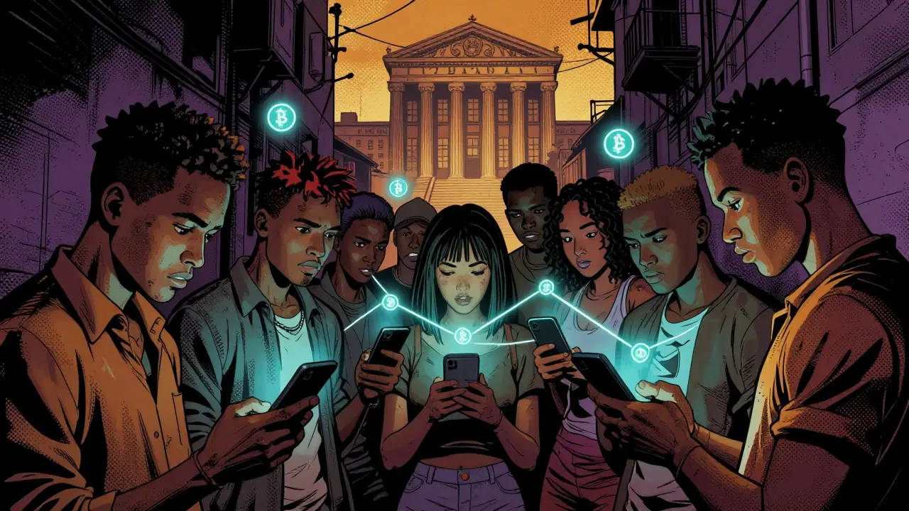 People in a dark alley using smartphones to trade cryptocurrency peer-to-peer.