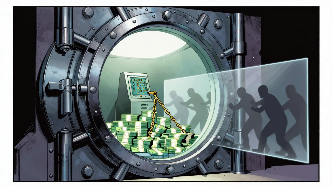 Secure bank vault revealing glowing currency while shielding out dark corruption figures.