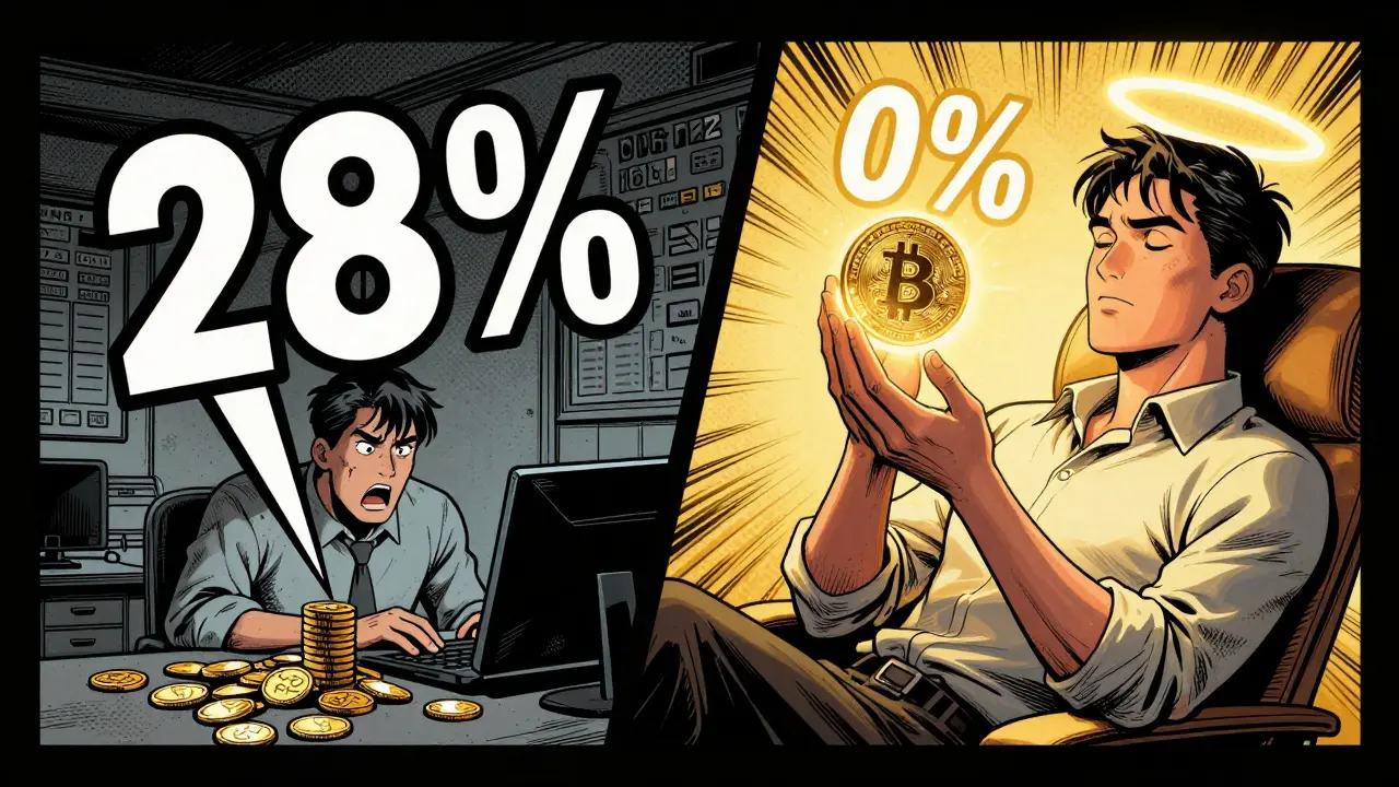 Split comic panel showing the difference between 28% short-term tax and 0% long-term tax.