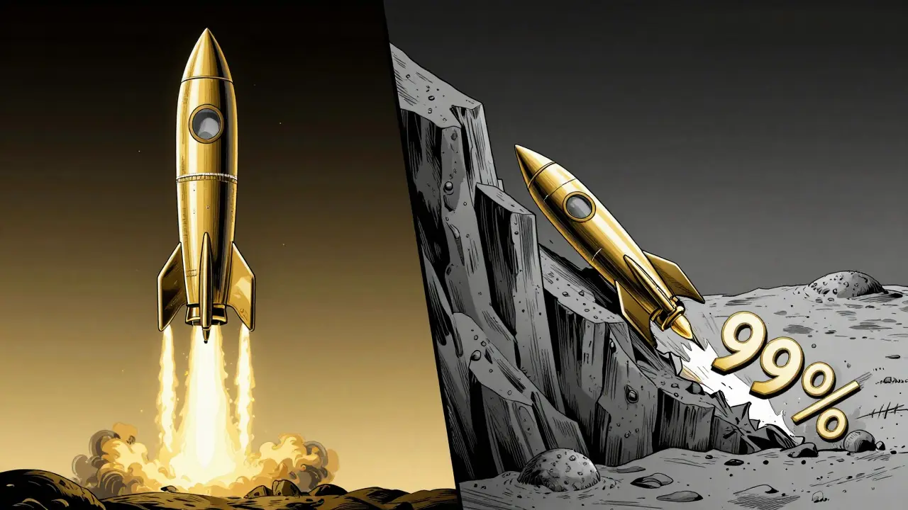Split screen showing a gold rocket ascending and then crashing on a gray landscape.