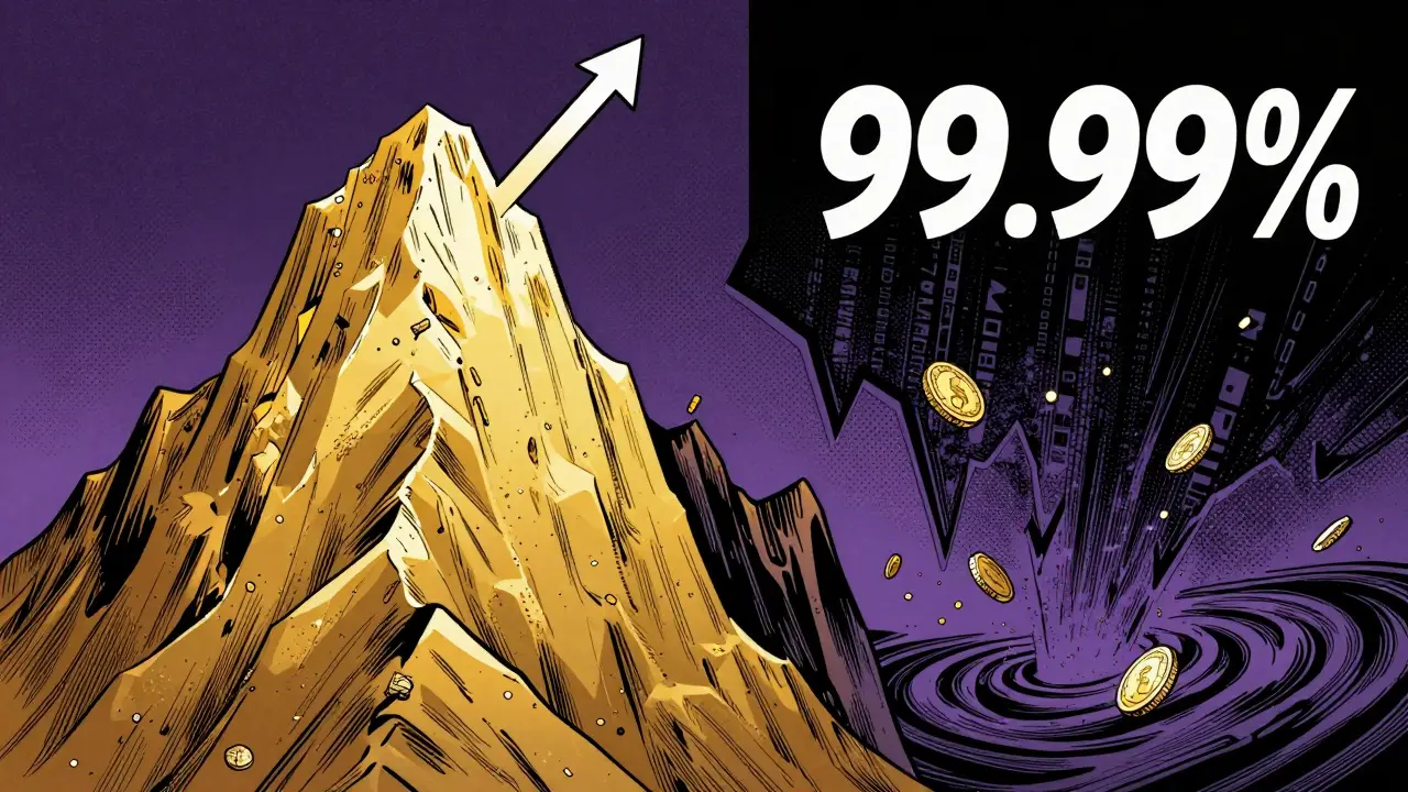 Split-screen showing a golden peak and a steep plunge into a dark abyss