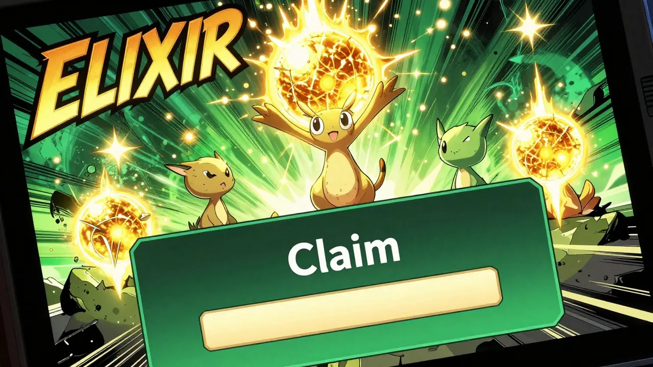 Starchi creatures evolving and glowing with golden energy after a successful token claim.