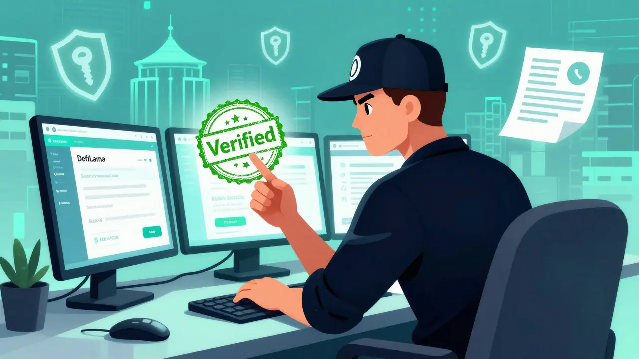 An investor checks verification tools on screens, surrounded by security shields and green stamps.