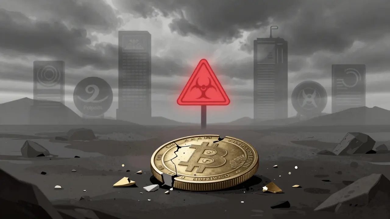 Broken digital coin in a gloomy landscape with distant competitors