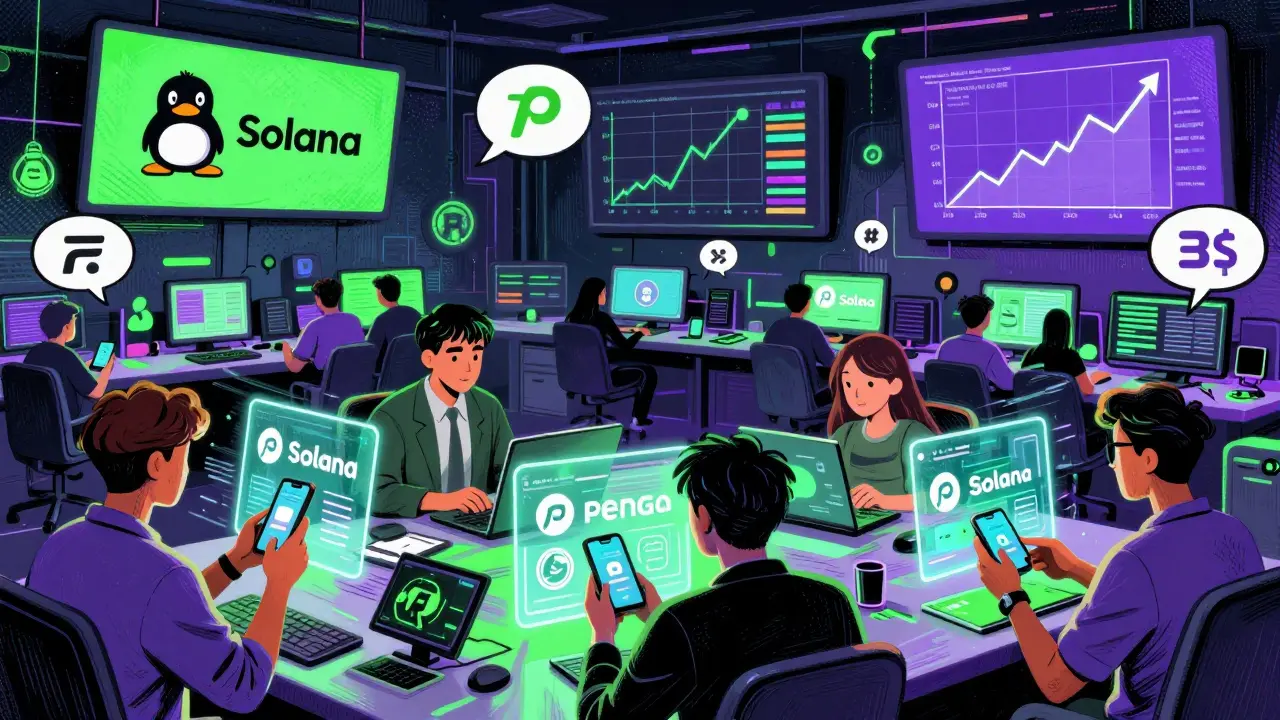 Busy crypto trading scene with PENGU tokens and Solana logos in graphic novel art