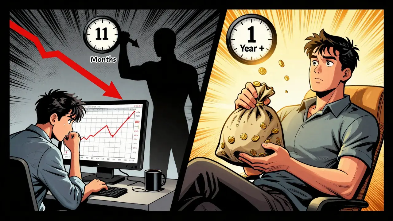 Comic book art comparing stressed short-term trading with relaxed long-term crypto holding in Germany.