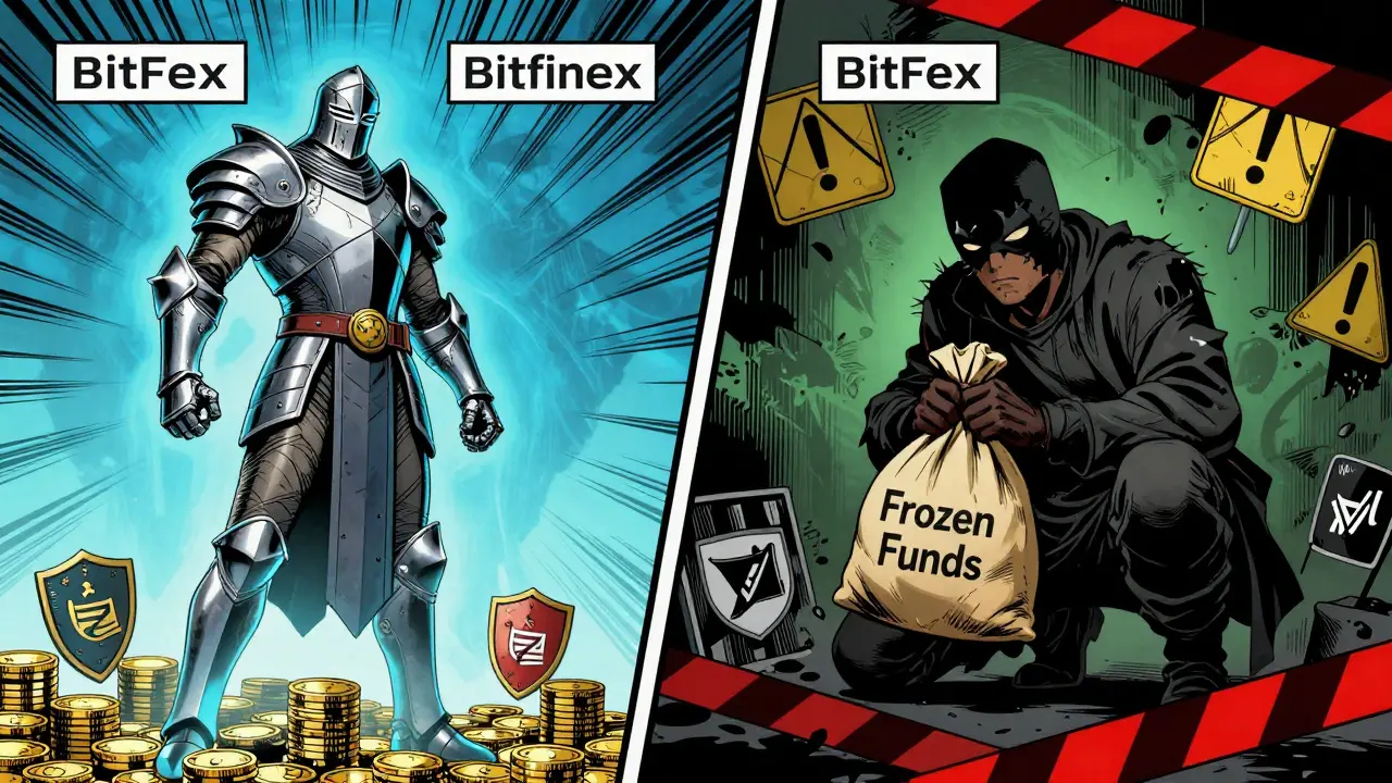 Comic book comparison of legitimate exchange vs shady scam platform