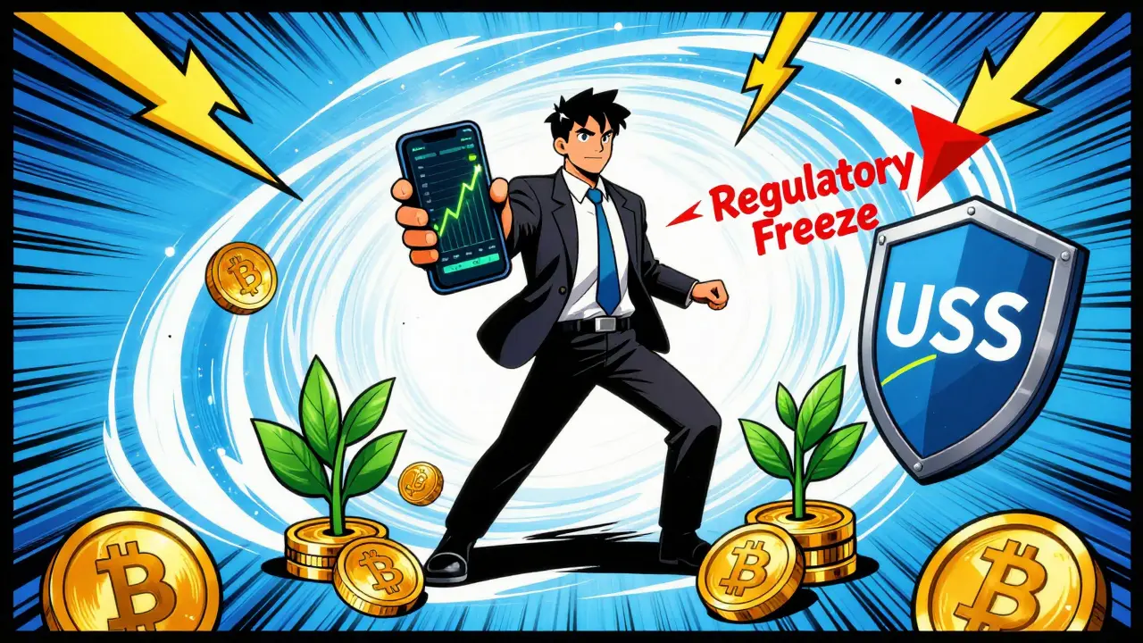 Comic book illustration of a trader using USDS for yield and fast global payments