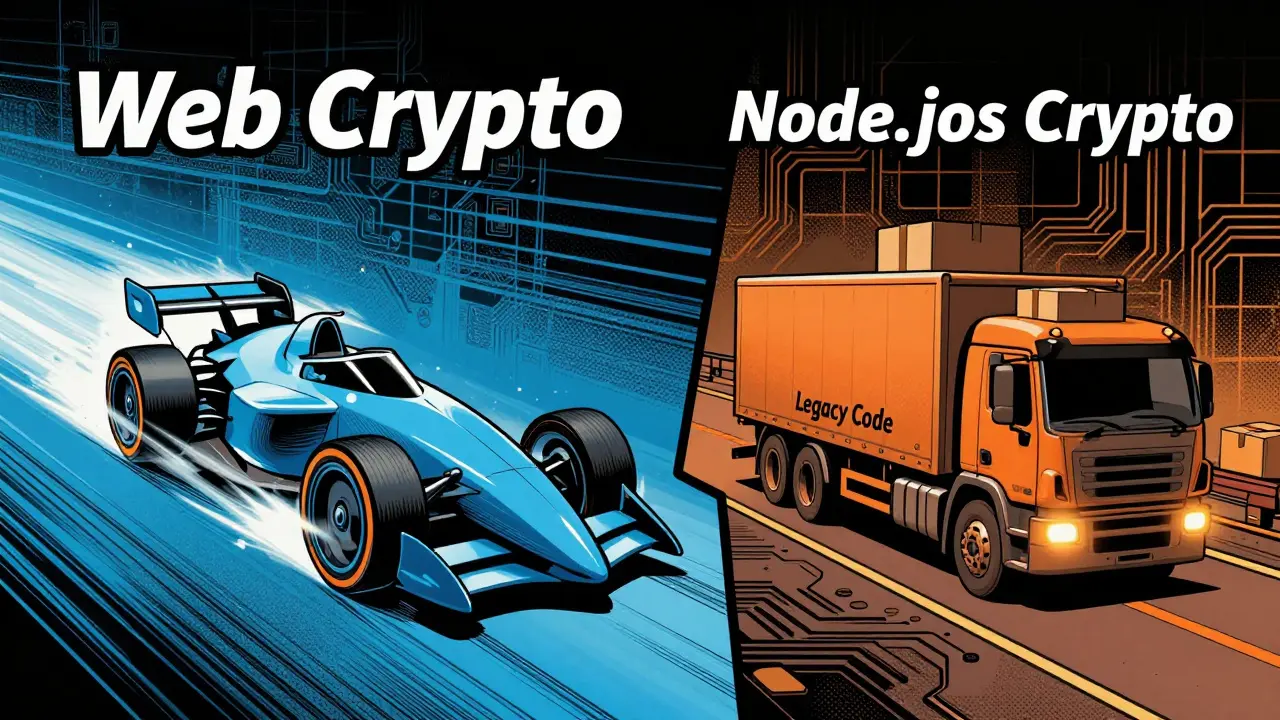 Comic comparison of fast Web Crypto vs slower Node.js crypto engines