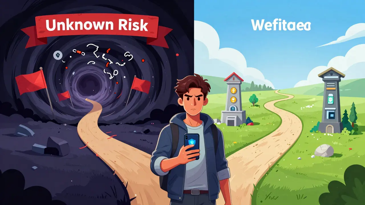 Comic illustration of a user choosing a safe path over a risky crypto scam vortex.