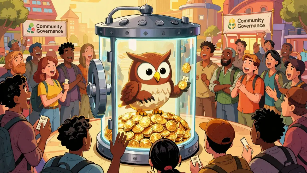 Community celebrating receipt of OWL tokens from an owl mascot