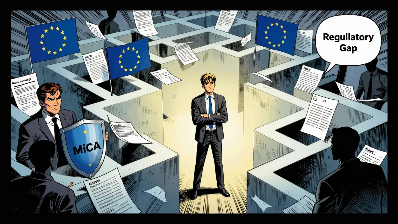 Confused trader navigating maze of EU regulations and MiCA shields